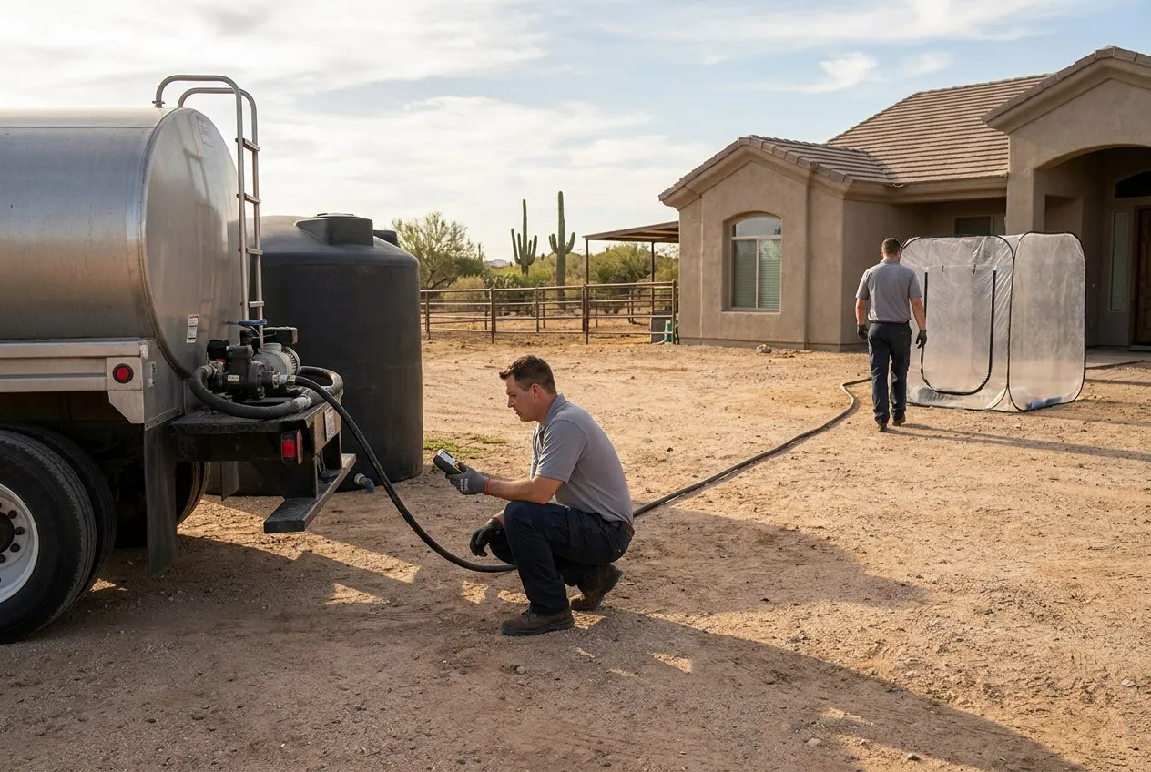 A technician inspects a booster line beside a water delivery truck and storage tank at a Rio Verde Foothills home.