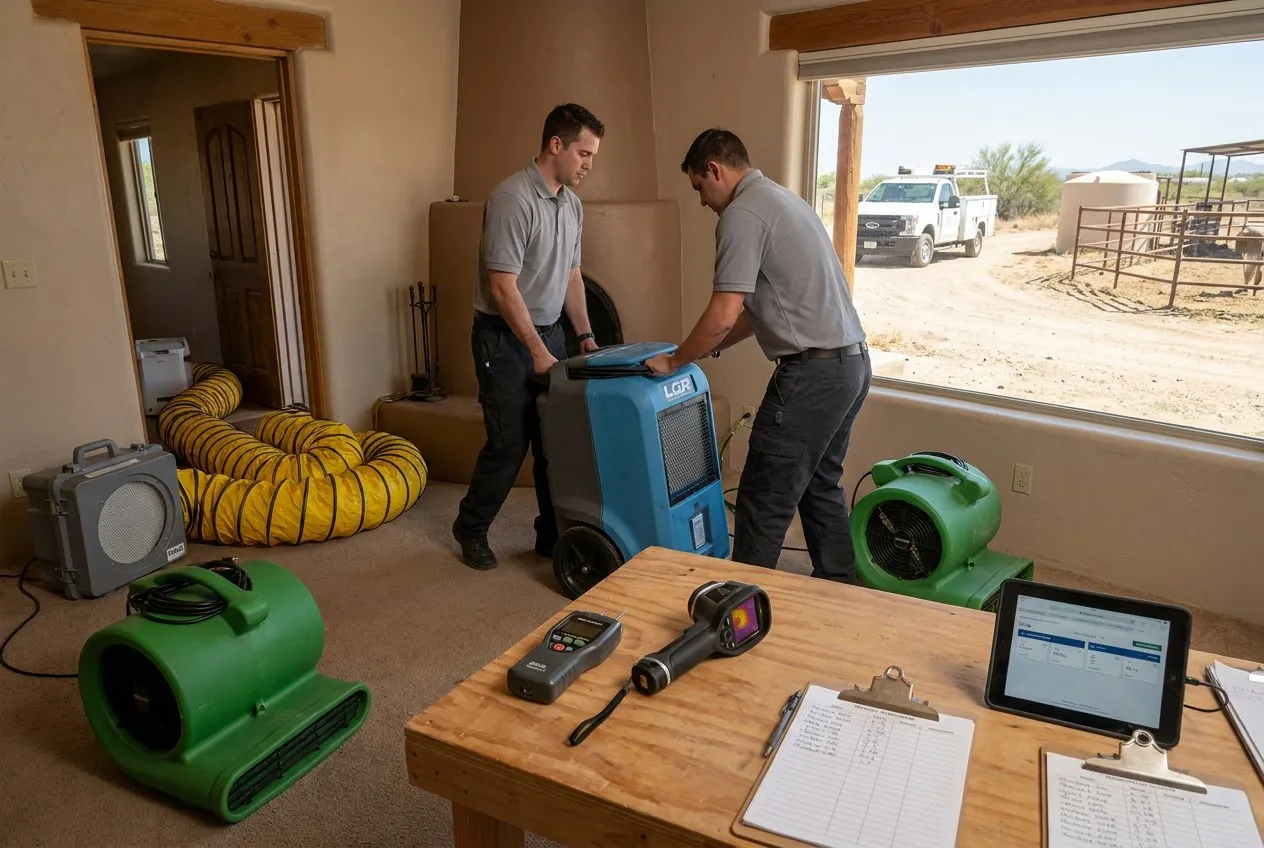 Drying equipment operates inside a seasonal Rio Verde home beside labeled moisture records prepared for an absent owner.
