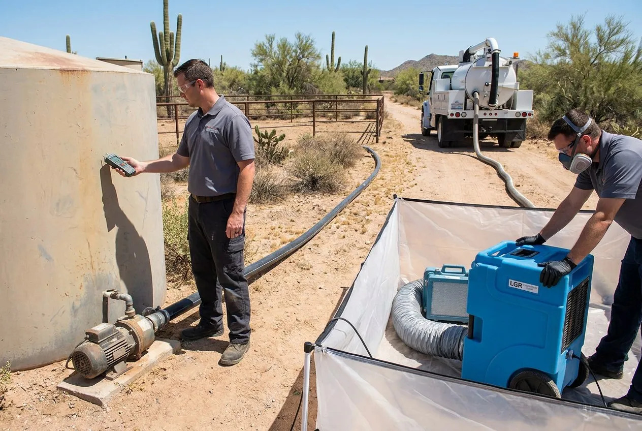A restoration technician inspects a storage tank, booster pump, and long supply line at a Rio Verde Foothills home.