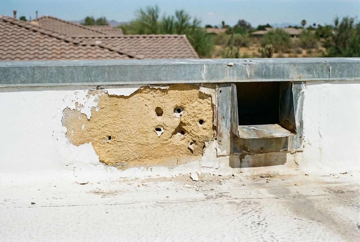 Worn white coating and small bird-peck holes expose tan foam on a parapet beside a scupper on a flat Phoenix roof.