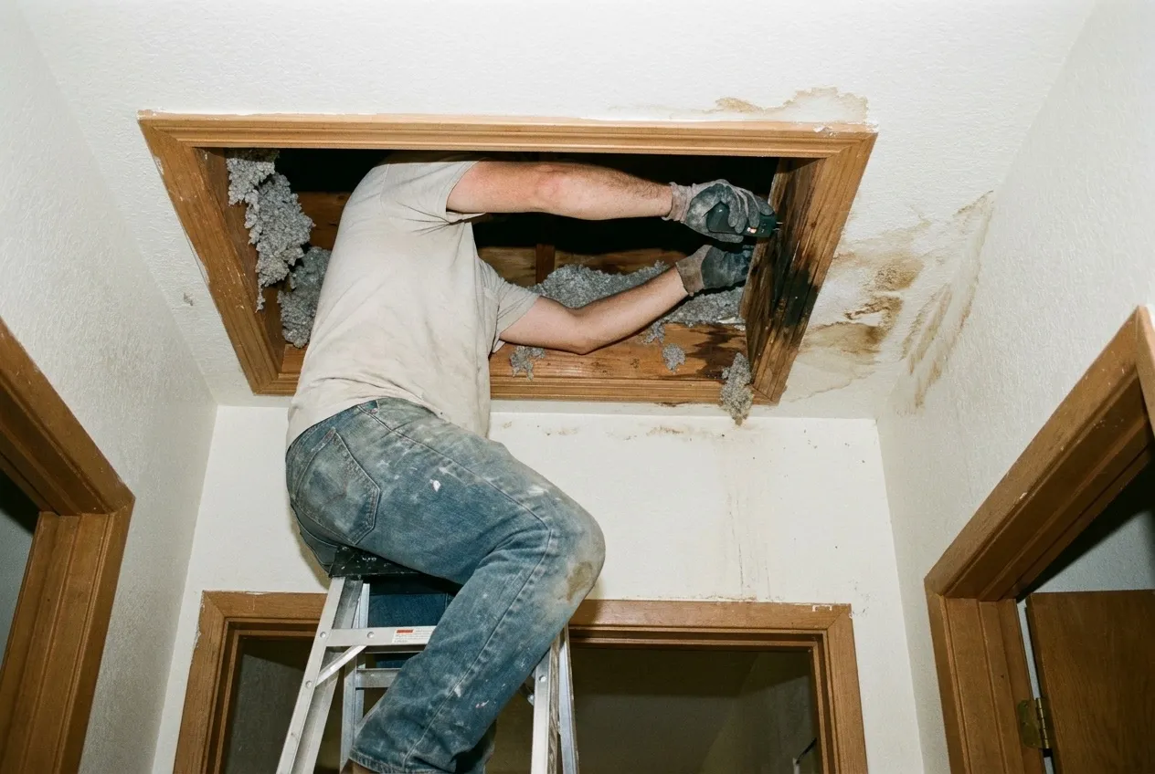 A technician on a ladder checks water-stained framing at an open attic hatch with a pin moisture meter after a Phoenix roof leak.