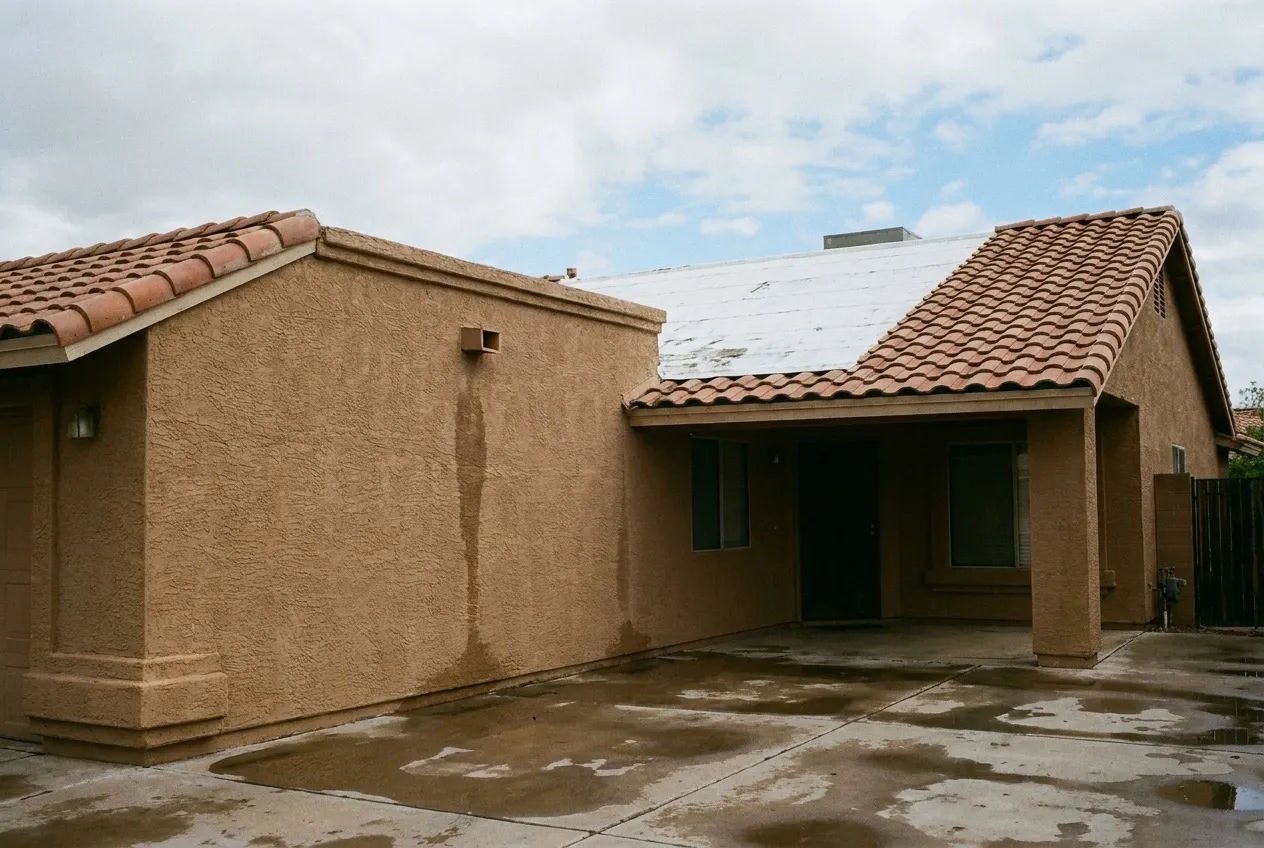 A concrete tile roof meets a flat foam-coated section behind a stucco parapet on a Phoenix home, with a dark water streak below the scupper.
