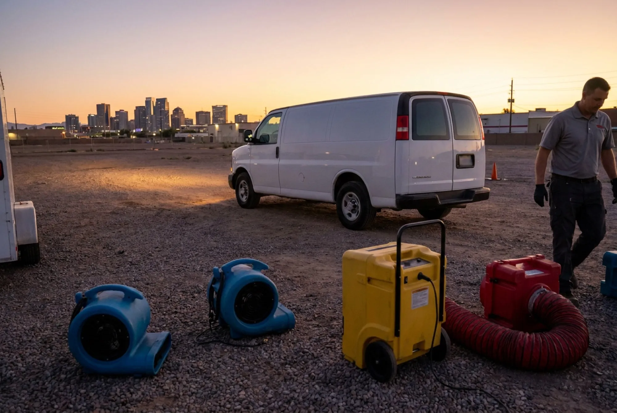 A Water Fighters truck loaded with extraction equipment pulls out at dawn with the Phoenix Valley skyline behind it.