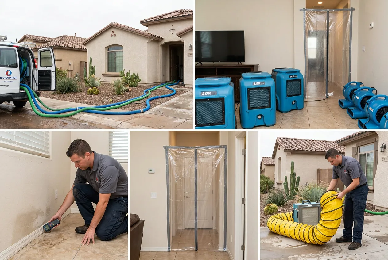 Restoration hoses run into a San Tan Valley home while muddy storm water remains along the curb outside.