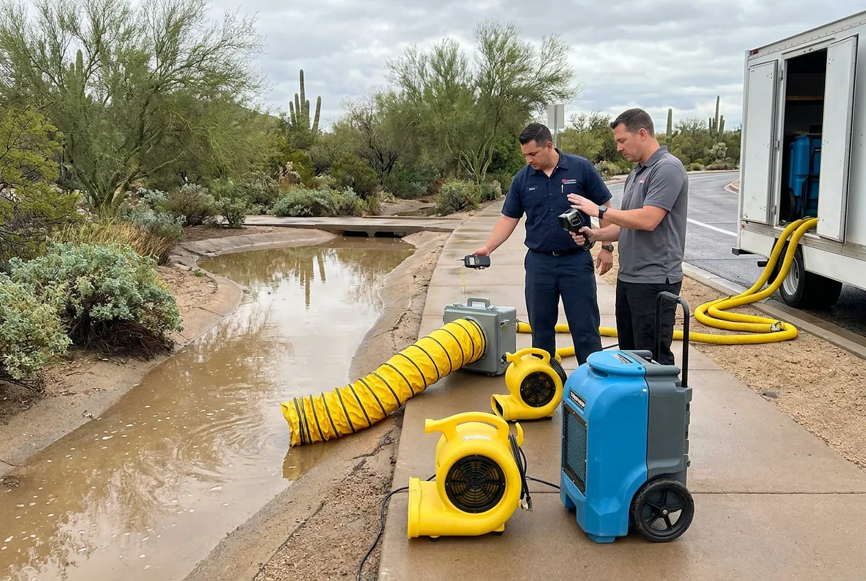 Storm water pools in the designed low areas of Scottsdale's Indian Bend Wash greenbelt while the elevated paths remain dry.