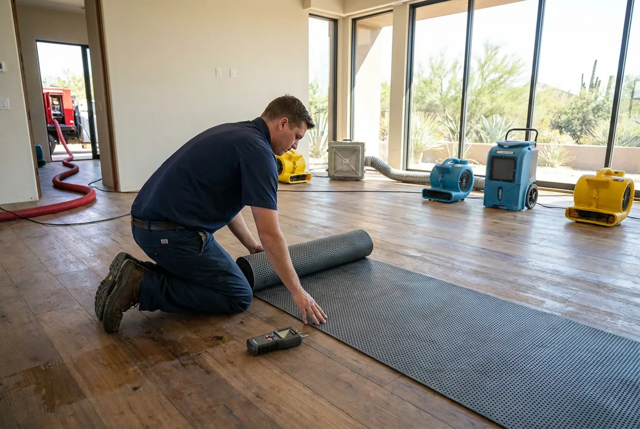 A Water Fighters technician places specialty drying mats across wide-plank wood flooring in a north Scottsdale great room to save the floor in place.
