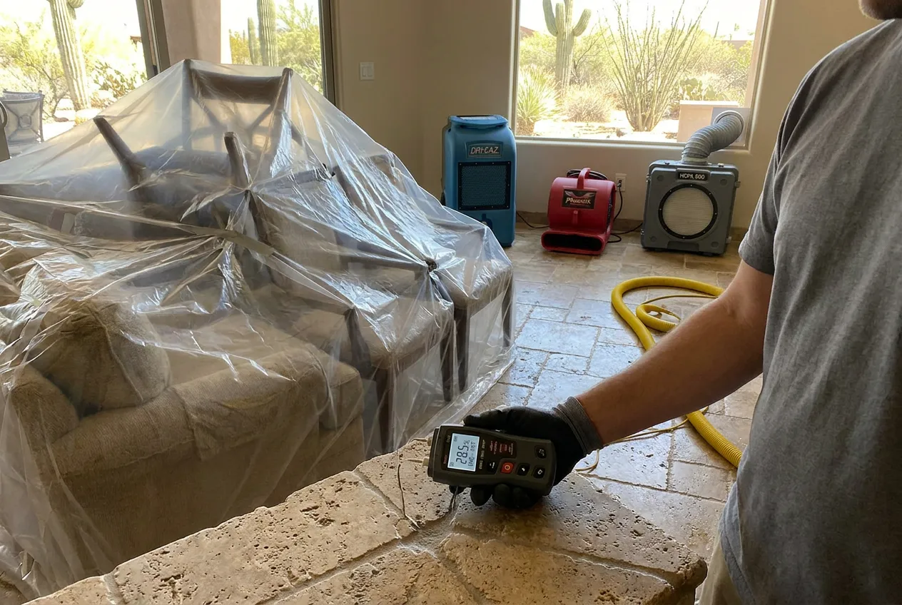 A moisture meter rests on natural stone flooring in a Scottsdale home beside furniture wrapped and blocked for protection during drying.