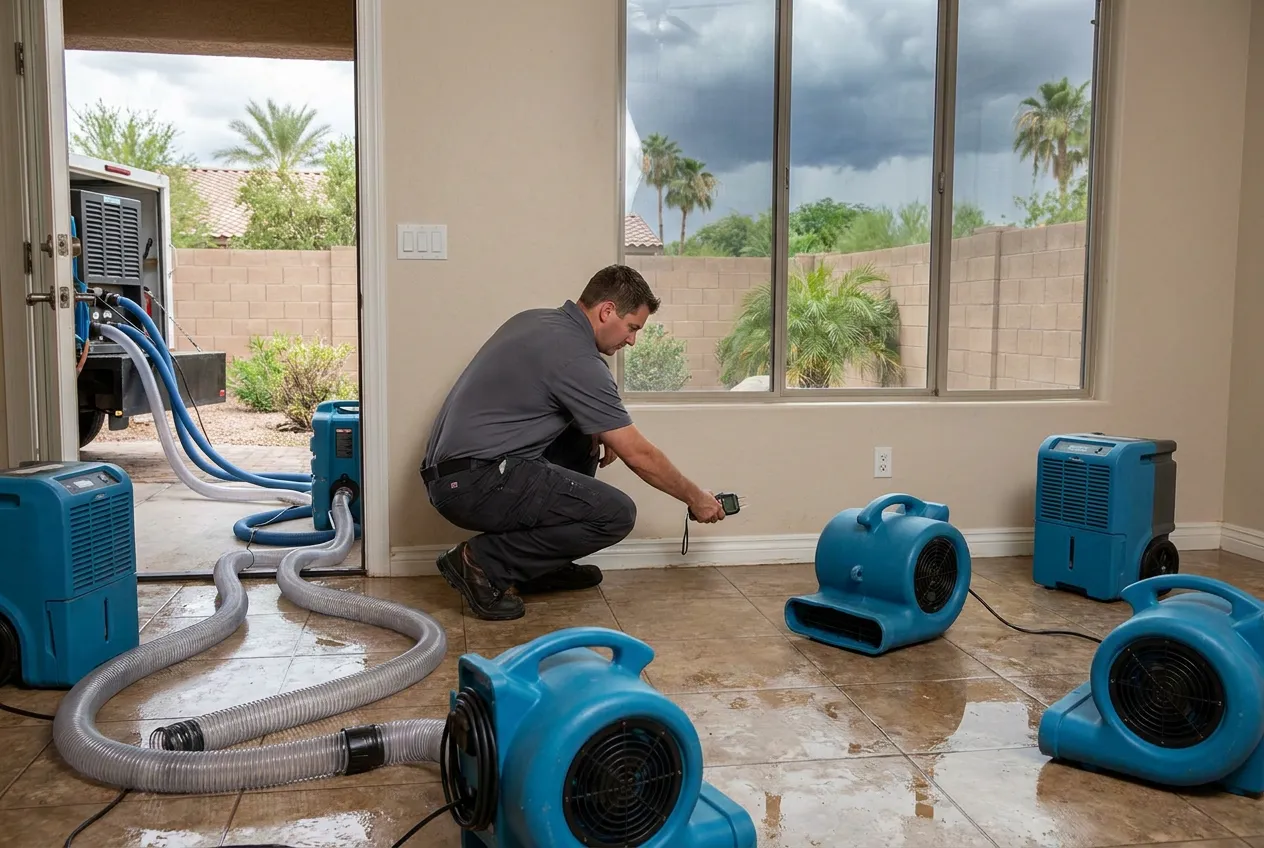 A restoration technician checks a flooded Scottsdale room while monsoon clouds hang over the Indian Bend Wash Greenbelt.