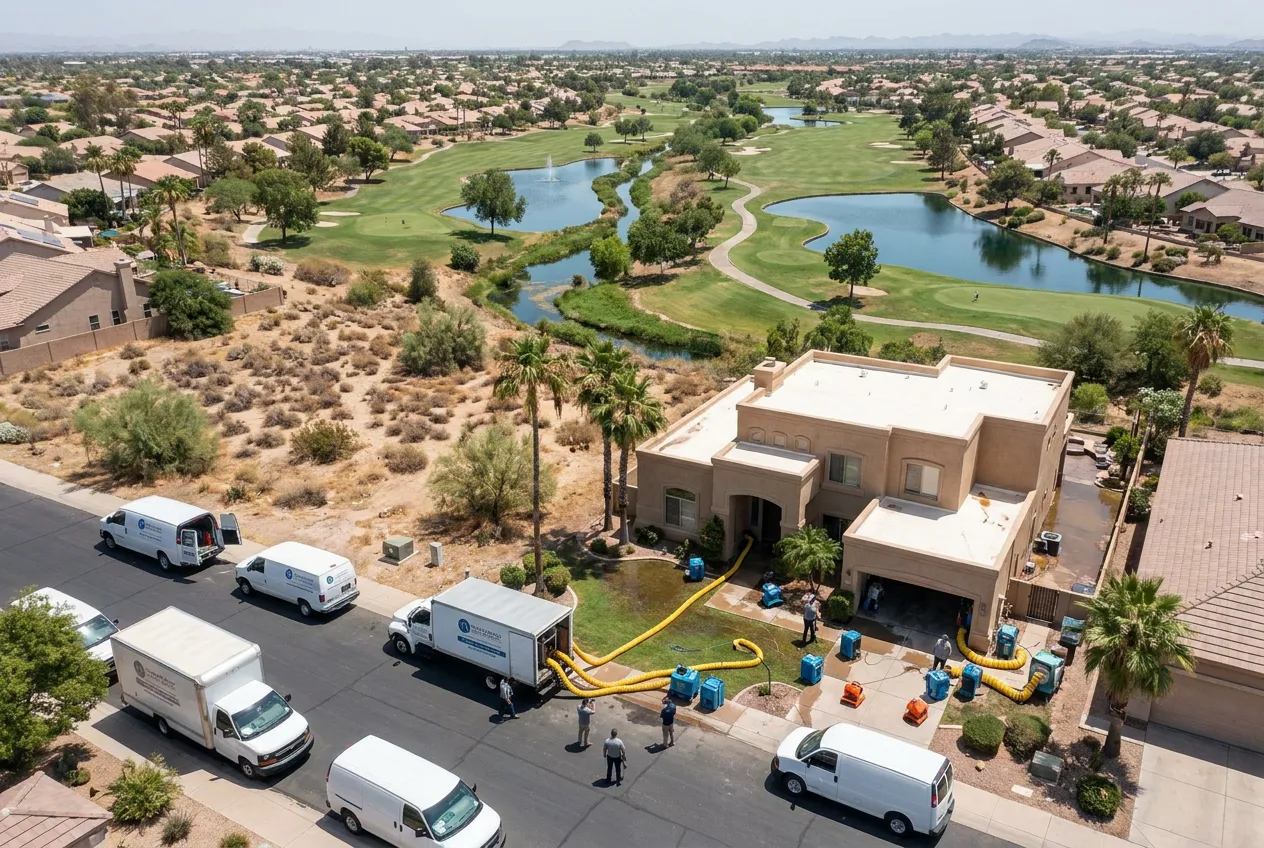 An aerial view of the Indian Bend Wash greenbelt cutting a green corridor of parks and lakes through central Scottsdale, Arizona.