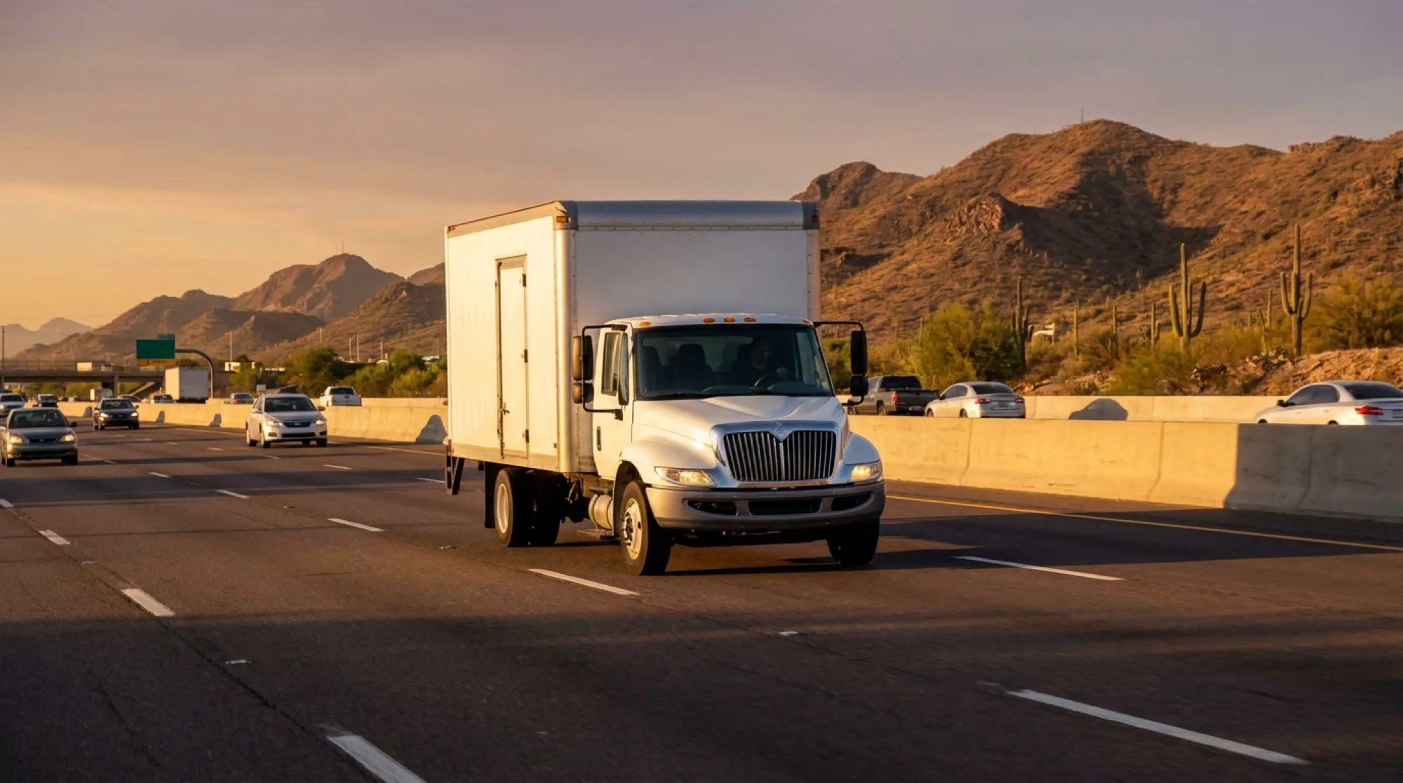 A Water Fighters service truck on a Phoenix Valley freeway at sunrise with desert mountains in the background.