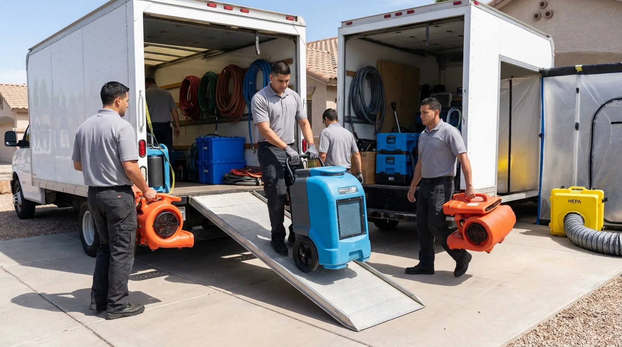 A Water Fighters crew stages extraction equipment and air movers from the back of a service truck outside a Phoenix home.