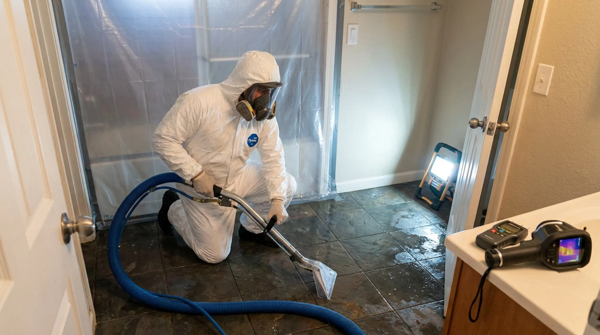 A Water Fighters technician in full protective equipment extracting contaminated water from a Phoenix bathroom floor inside a sealed work area.