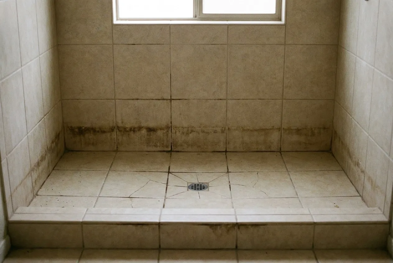 Darkened grout lines along the lower wall tile and curb of a tiled shower show where water has been getting behind the tile.