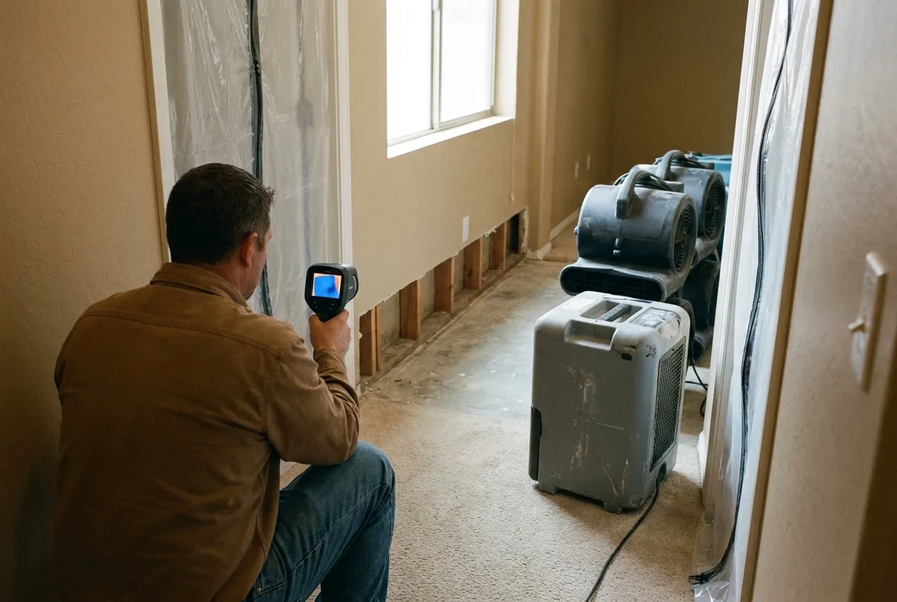 A technician scans the lower hallway wall shared with a shower using a thermal camera after the baseboard and drywall strip were removed.