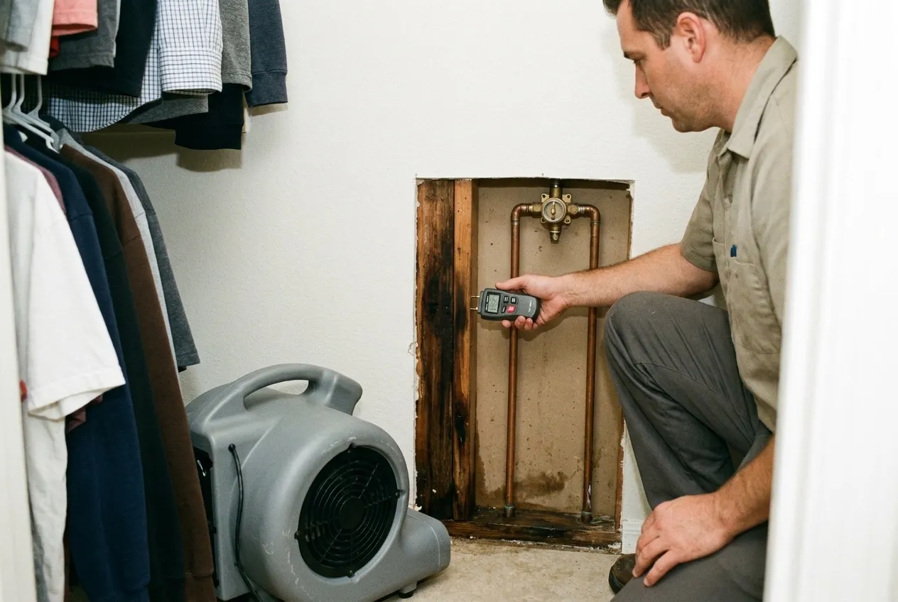 A technician measures moisture on a stud behind an opened closet wall that backs onto a shower valve.