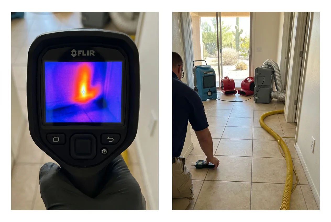 A thermal camera screen shows a bright warm plume beneath ordinary-looking tile in a Phoenix home, revealing a hidden hot-side slab leak.