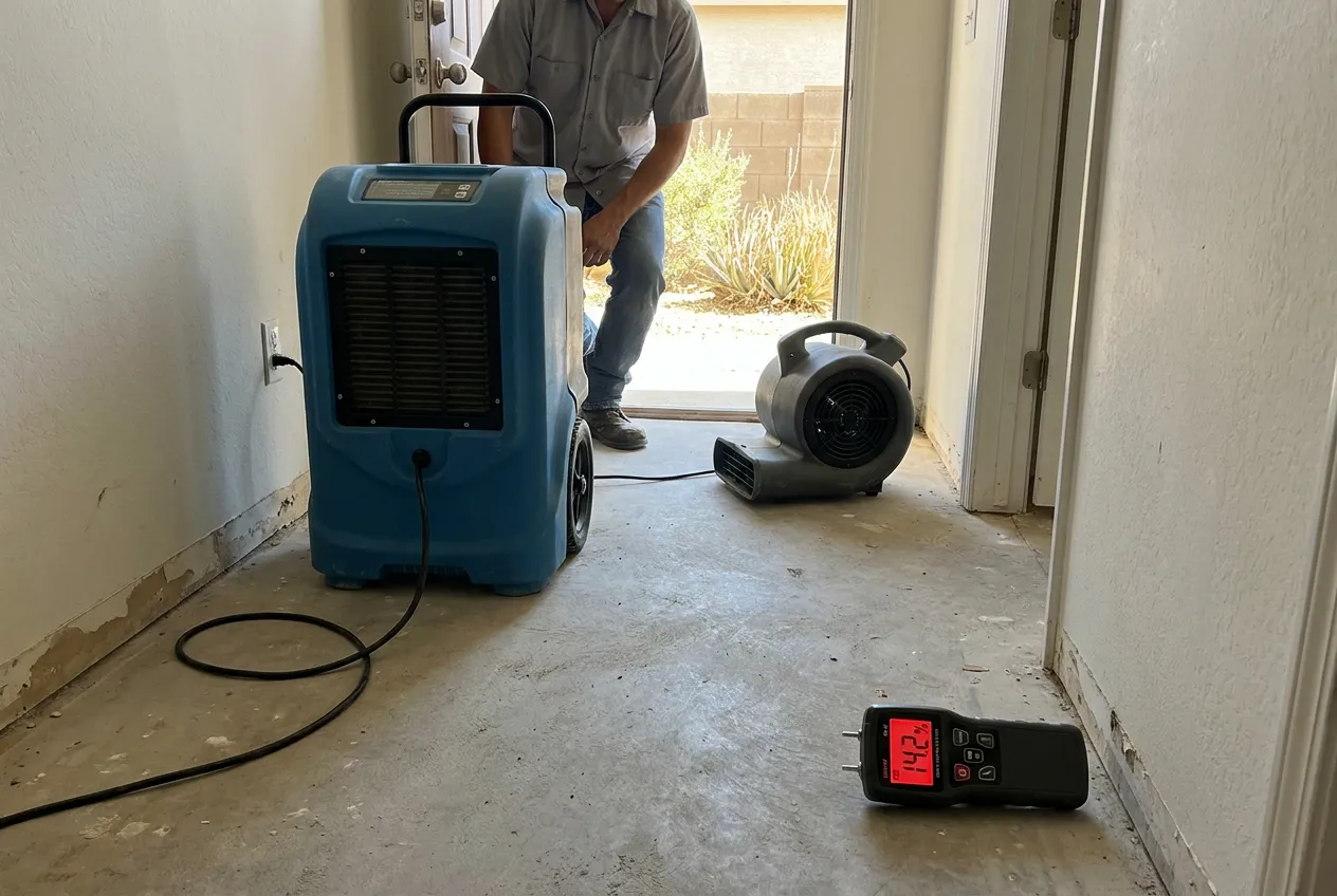 Drying equipment runs over an exposed concrete slab in a stripped Phoenix hallway while a moisture meter on the surface displays its reading.