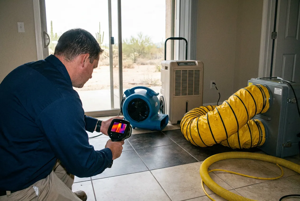 A thermal imaging camera reveals a warm plume across a Phoenix tile floor as a technician traces a hot-side slab leak.