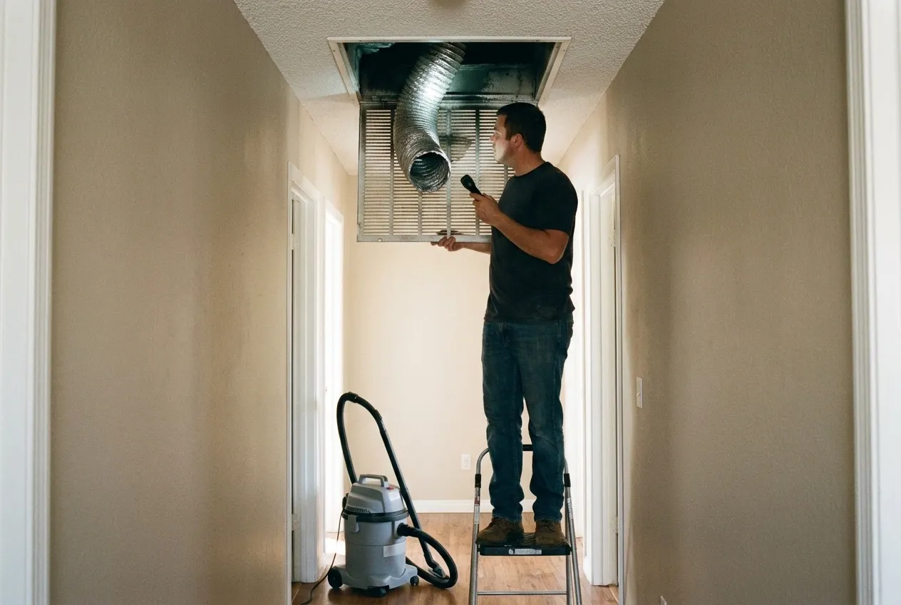 A technician on a short ladder checks an opened ceiling return duct for soot with a flashlight while a HEPA vacuum waits beside the ladder.