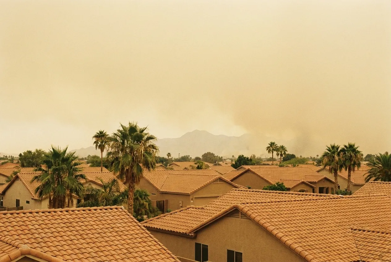 Wildfire smoke haze turns the sky amber over a row of Phoenix tile roofs and hides most of the mountain behind them.