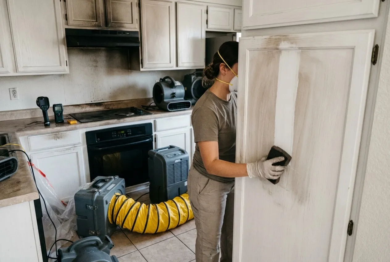 A technician wipes a dry sponge down a kitchen cabinet after a stovetop fire, revealing a clean stripe through a faint smoke film.