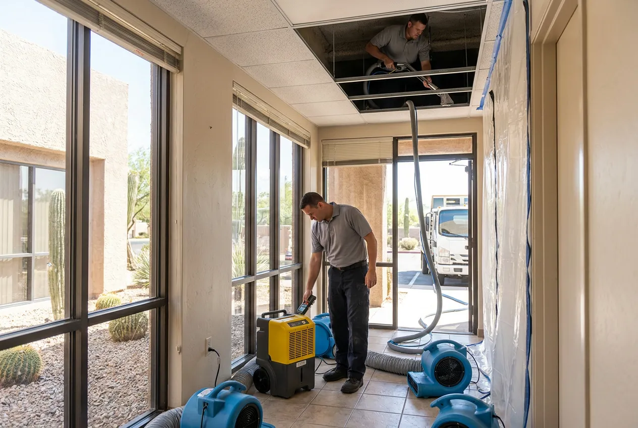 Technicians extract water beneath an open ceiling grid while a second worker checks the commercial suite below.