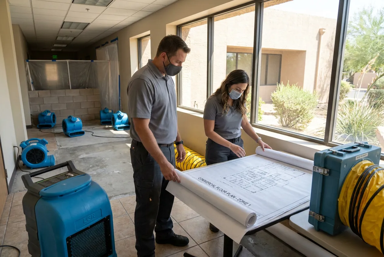 A property manager and restoration lead review a labeled floor plan beside drying equipment in a Phoenix commercial corridor.