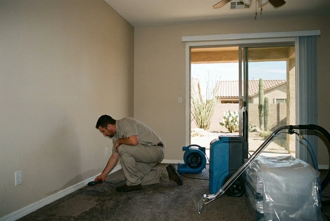 A technician checks the wet carpet edge along a family-room wall that faces the backyard of a Stetson Valley home.