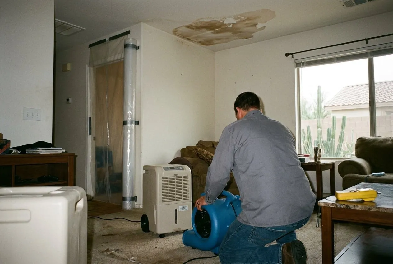 A technician sets drying equipment under a stained ceiling below an upstairs bathroom in a two-story Stetson Valley home.