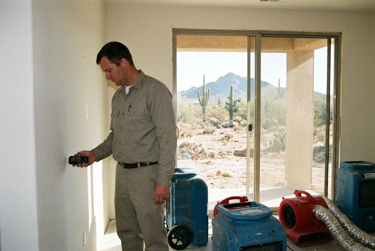 A restoration technician holds a moisture meter against the inside of a family-room wall in a Stetson Valley home, with Ludden Mountain visible through the back window.