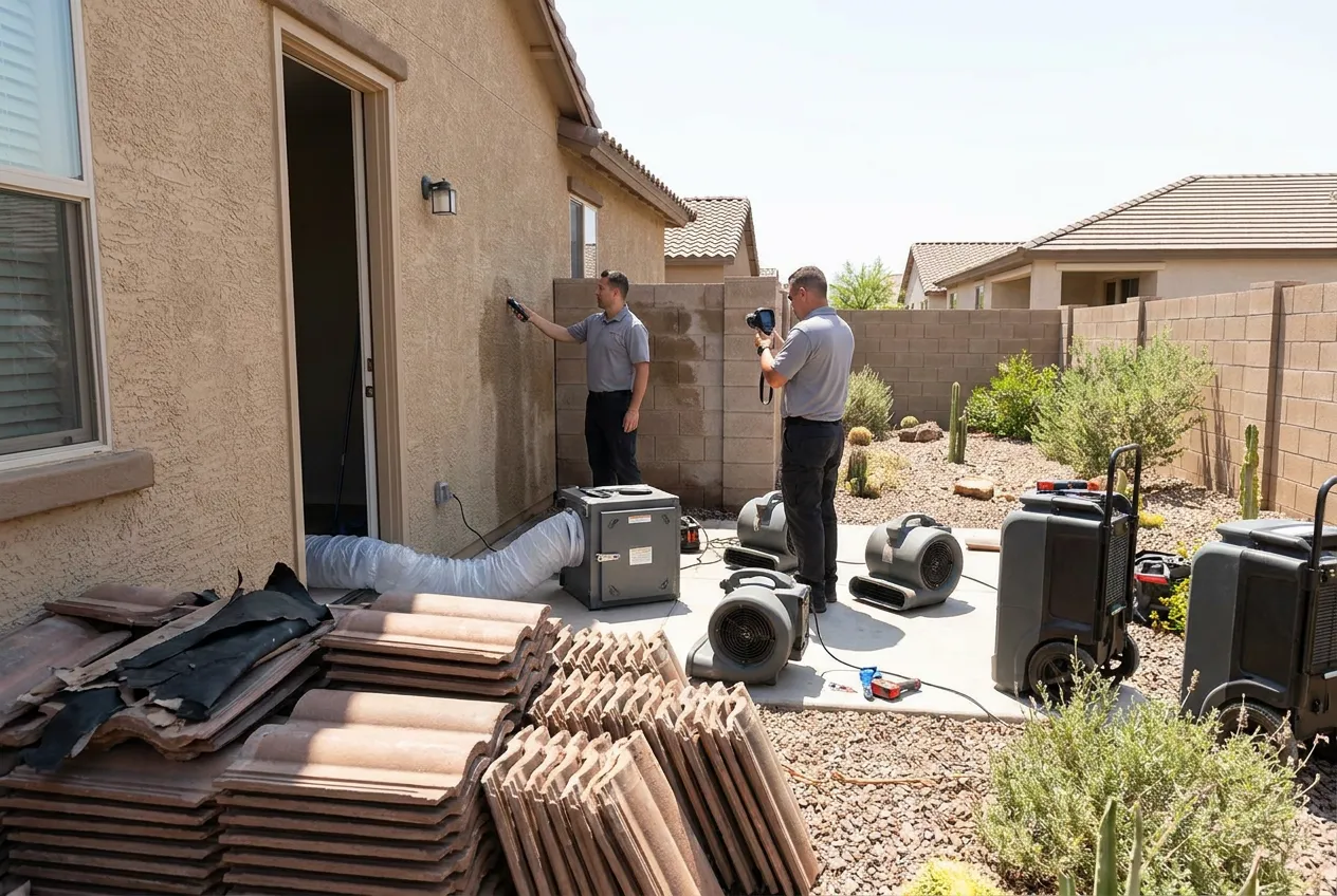 Displaced concrete roof tile and torn underlayment on a Phoenix home after a monsoon microburst.