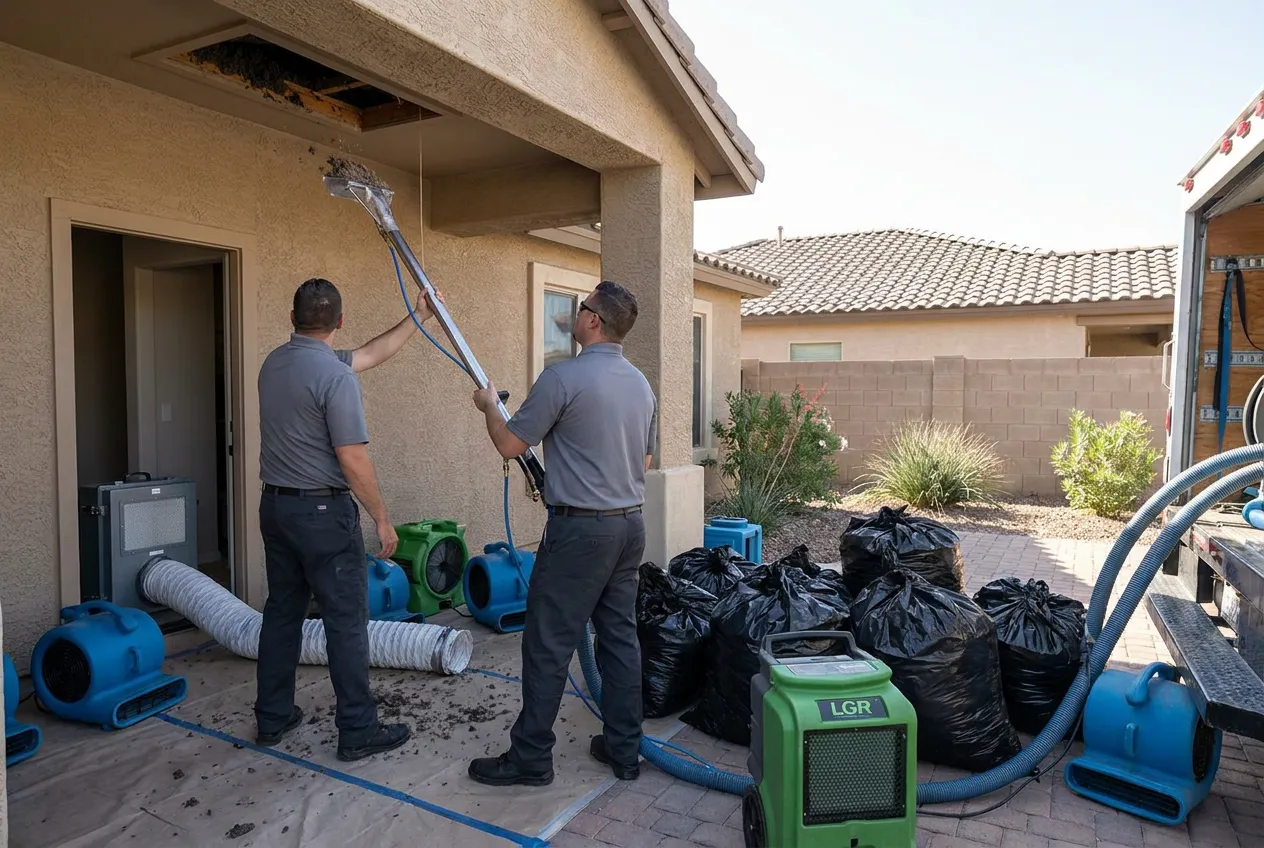 Wet blown-in insulation is bagged and removed from a Phoenix attic after storm intrusion.