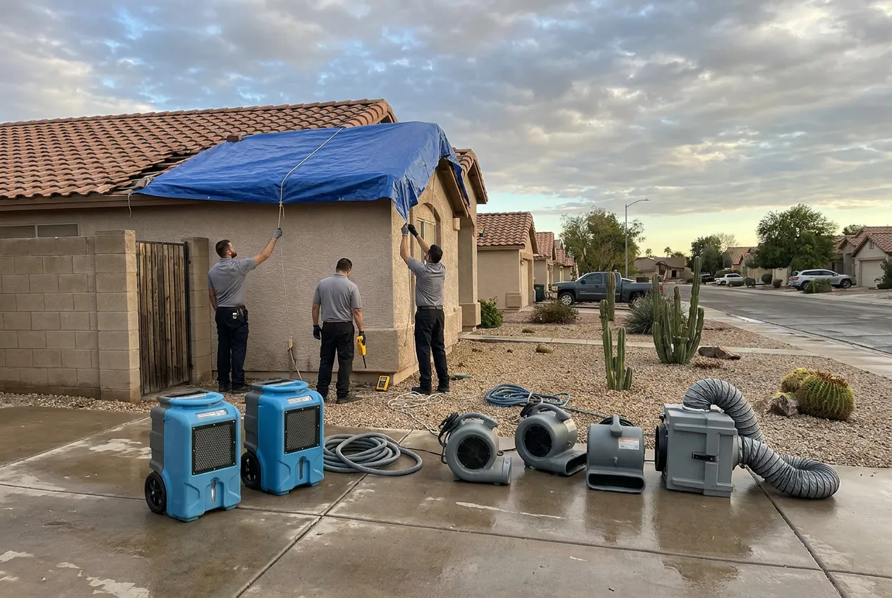 A Water Fighters crew secures a tarp over storm-opened roof tile on a Phoenix home under a clearing monsoon sky.