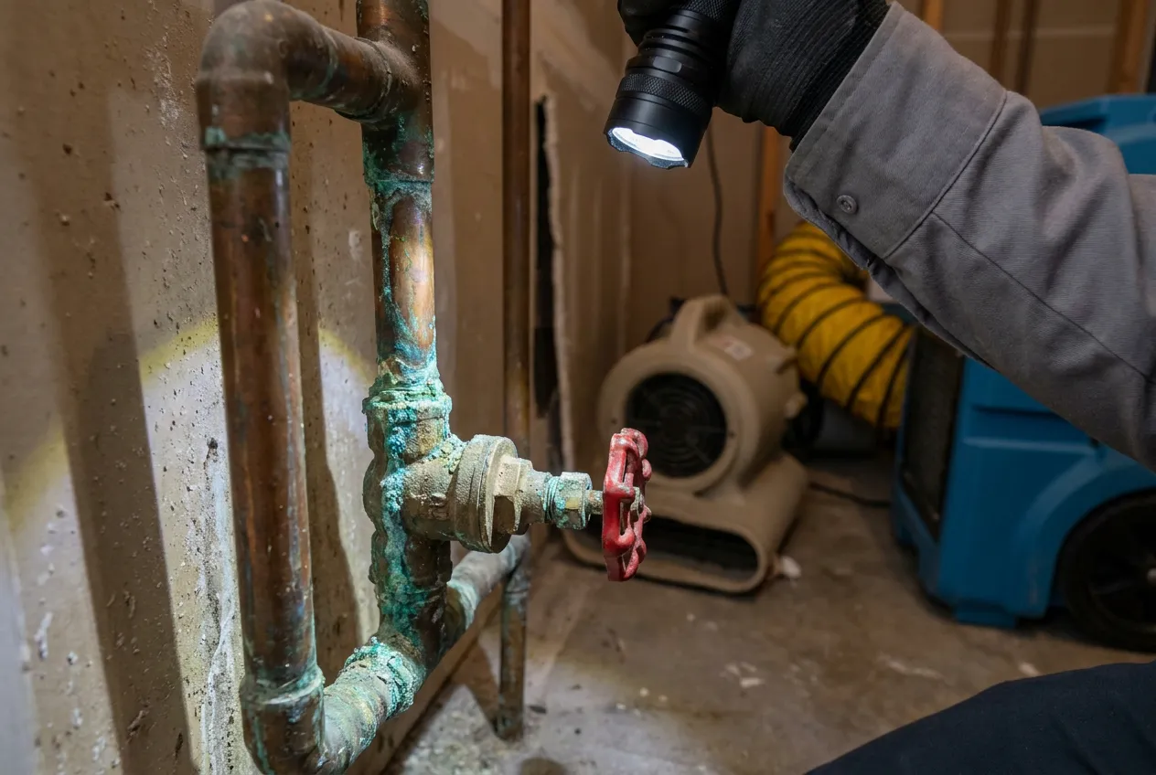 Original copper supply lines and a decades-old shutoff valve in a Sun City utility space under a technician's flashlight.