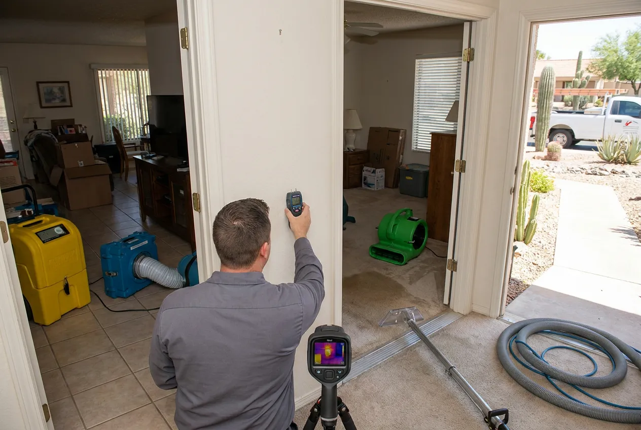 A Water Fighters technician meters both sides of a shared wall between adjoining Sun City patio homes with both front doors open.