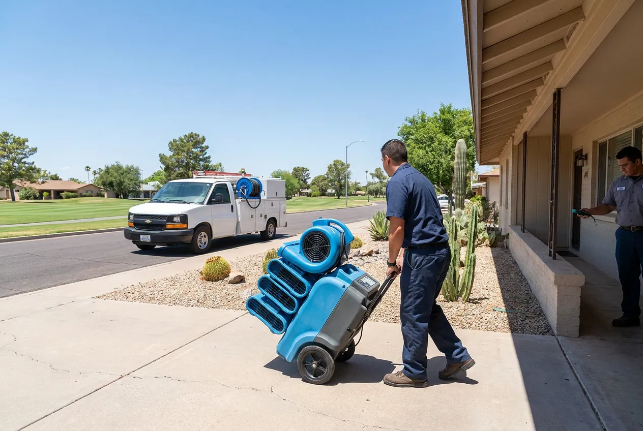 A Water Fighters technician walks equipment up the drive of an original 1960s Sun City home, golf course green visible across the street.