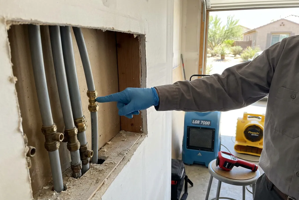 Gray polybutylene supply lines with brass fittings exposed at an opened manifold in a Sun City West home, a technician's gloved hand indicating a fitting.