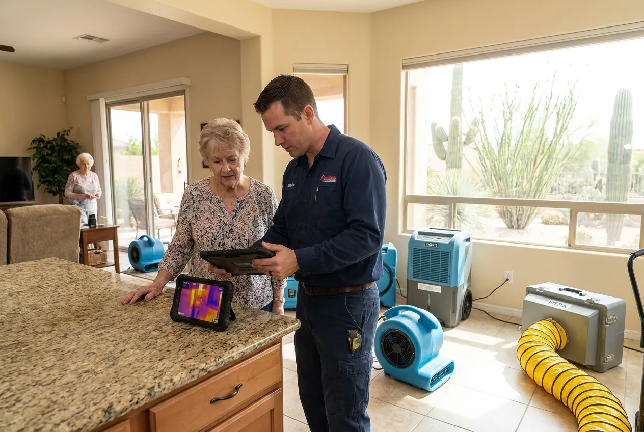 A Water Fighters technician reviews the drying scope on a tablet with a Sun City West resident at her villa kitchen counter.