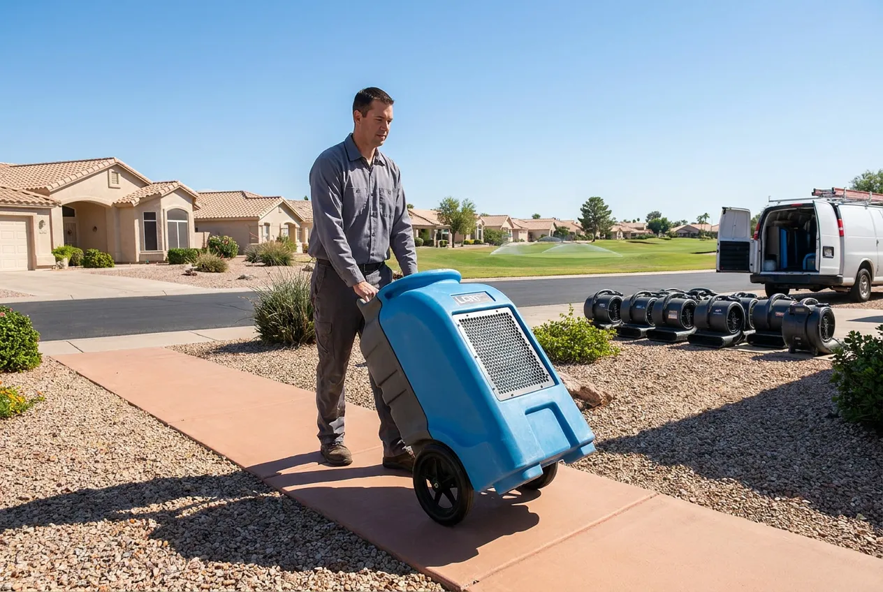 A Water Fighters technician rolls a dehumidifier along a villa walkway in Sun City West, Arizona, golf fairway visible beyond the low rooflines.