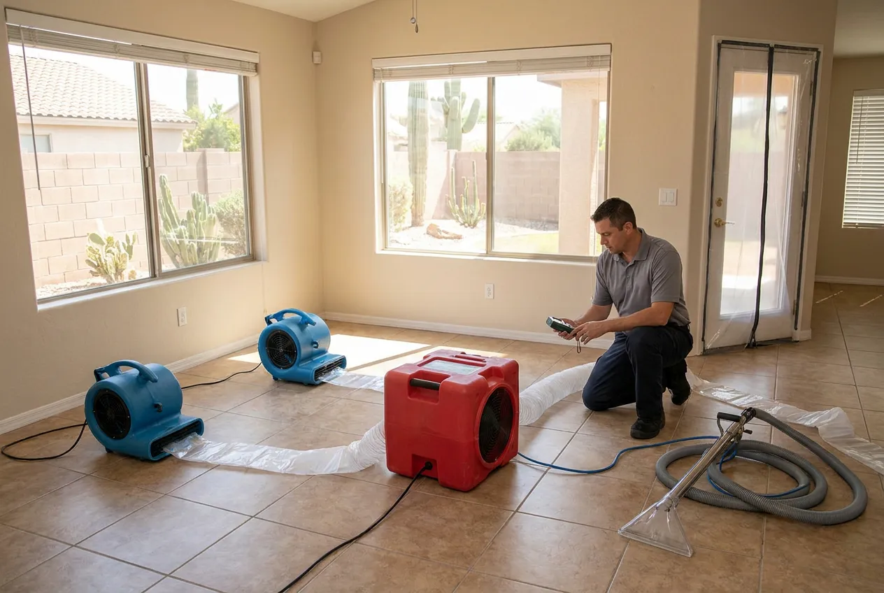 Air movers and a dehumidifier dry an empty Sun Lakes living room after a leak was discovered during summer vacancy.