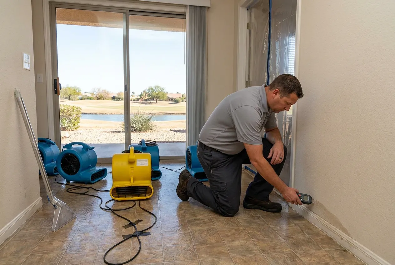 A restoration technician documents water damage inside a vacant Sun Lakes home near a golf-course amenity lake.