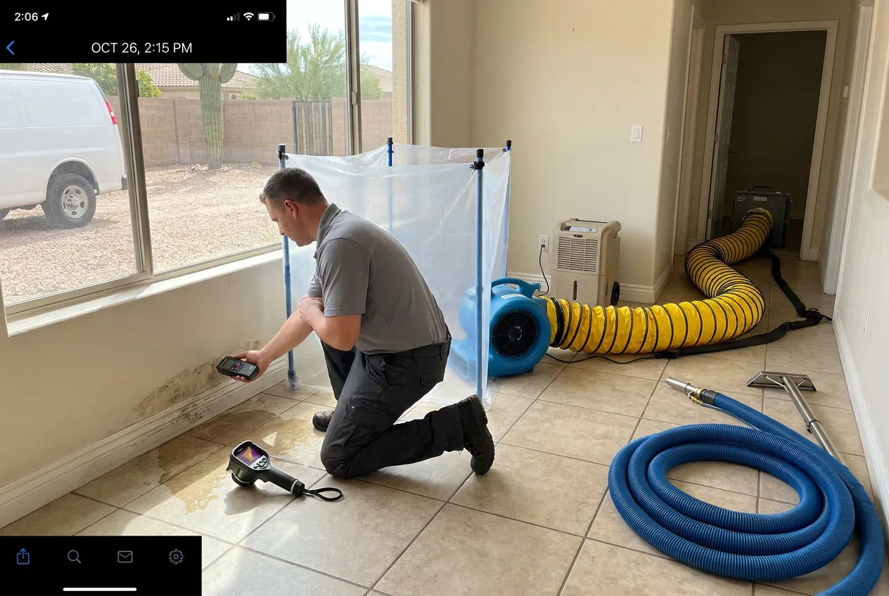 A moisture meter reads a wet baseboard two rooms downslope from the source in a Sunnyslope home.