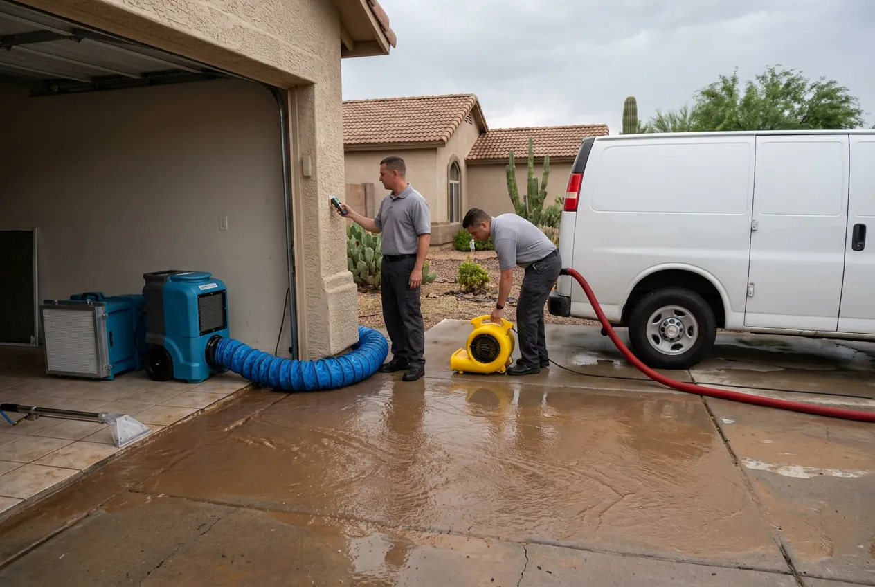 Storm runoff crosses a sloped Sunnyslope driveway toward a garage door during a monsoon cell.
