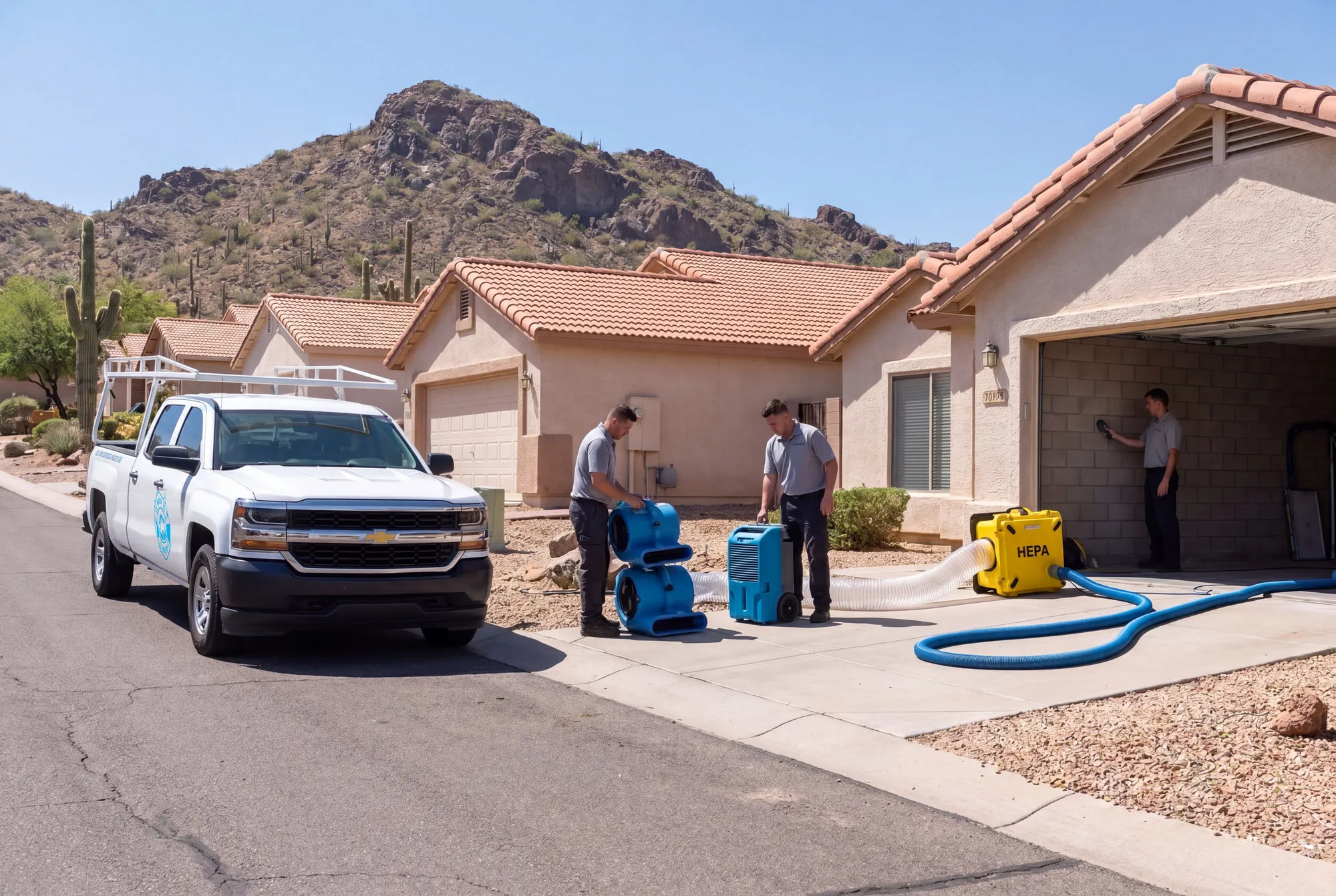A Water Fighters truck on a sloping Sunnyslope street with North Mountain rising directly behind the rooftops.