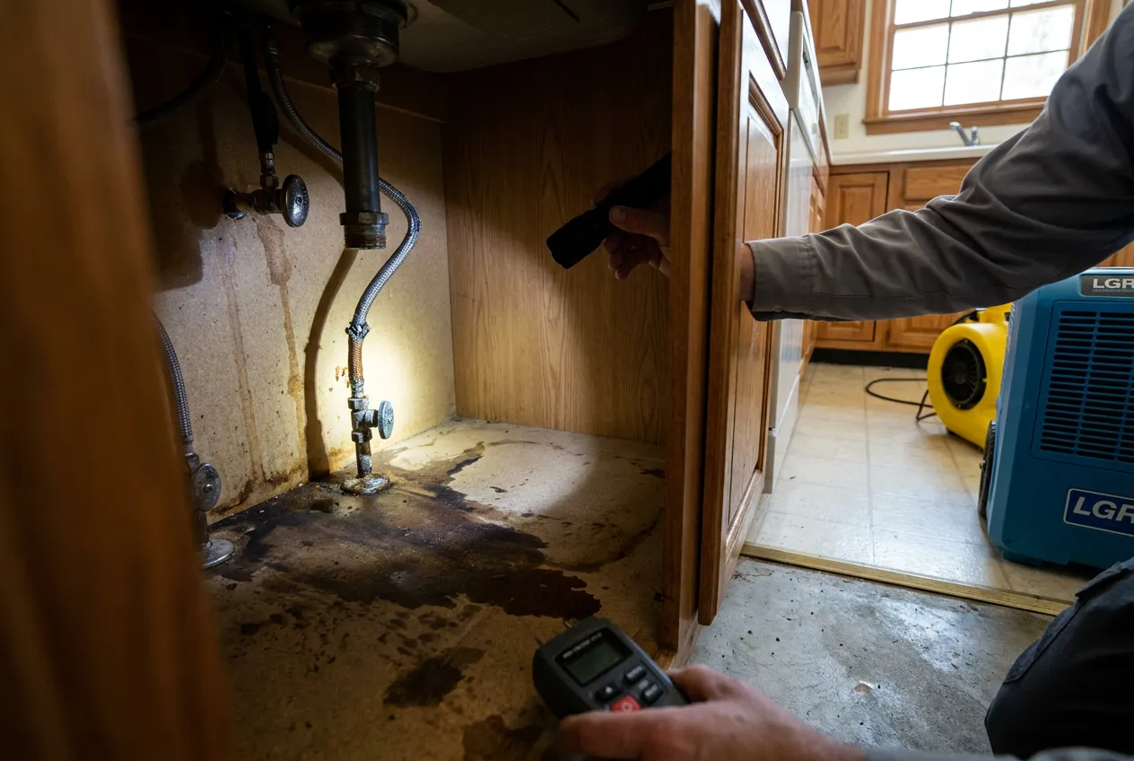 A failed braided supply line beneath a Surprise kitchen sink, with water staining spreading across the particleboard cabinet base.