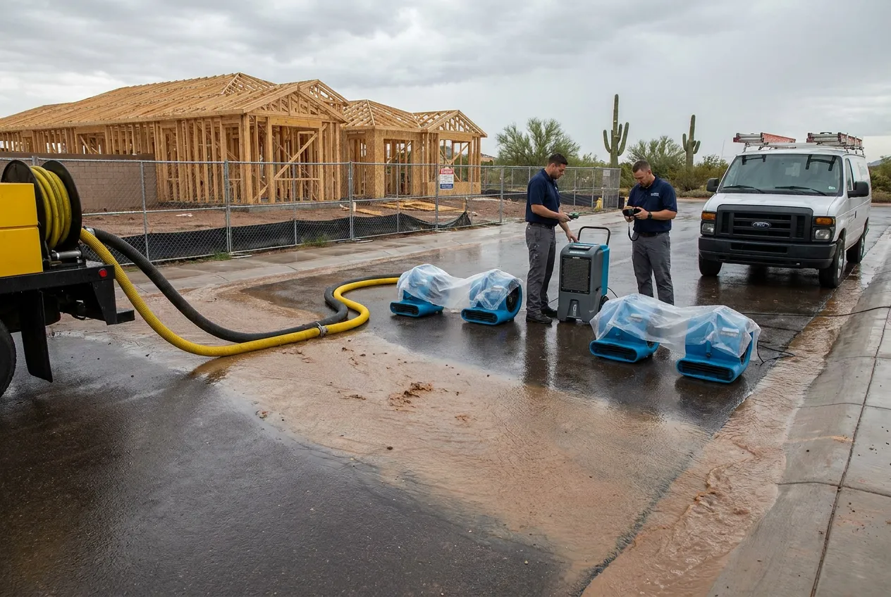 Monsoon runoff sheets across a street at the desert edge of a Surprise subdivision, with new home framing visible in the background.