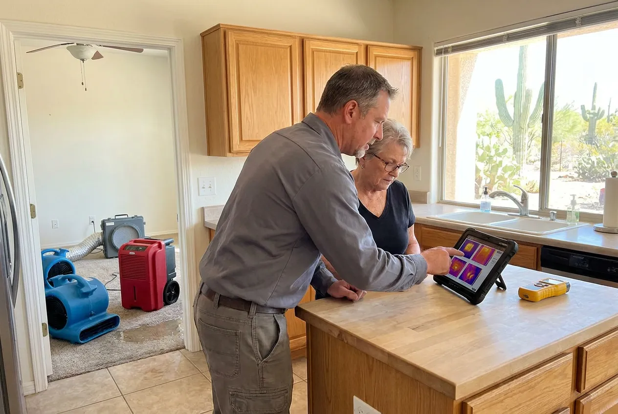A Water Fighters technician reviews the restoration scope on a tablet with a Surprise homeowner at her kitchen island while drying equipment runs in the next room.