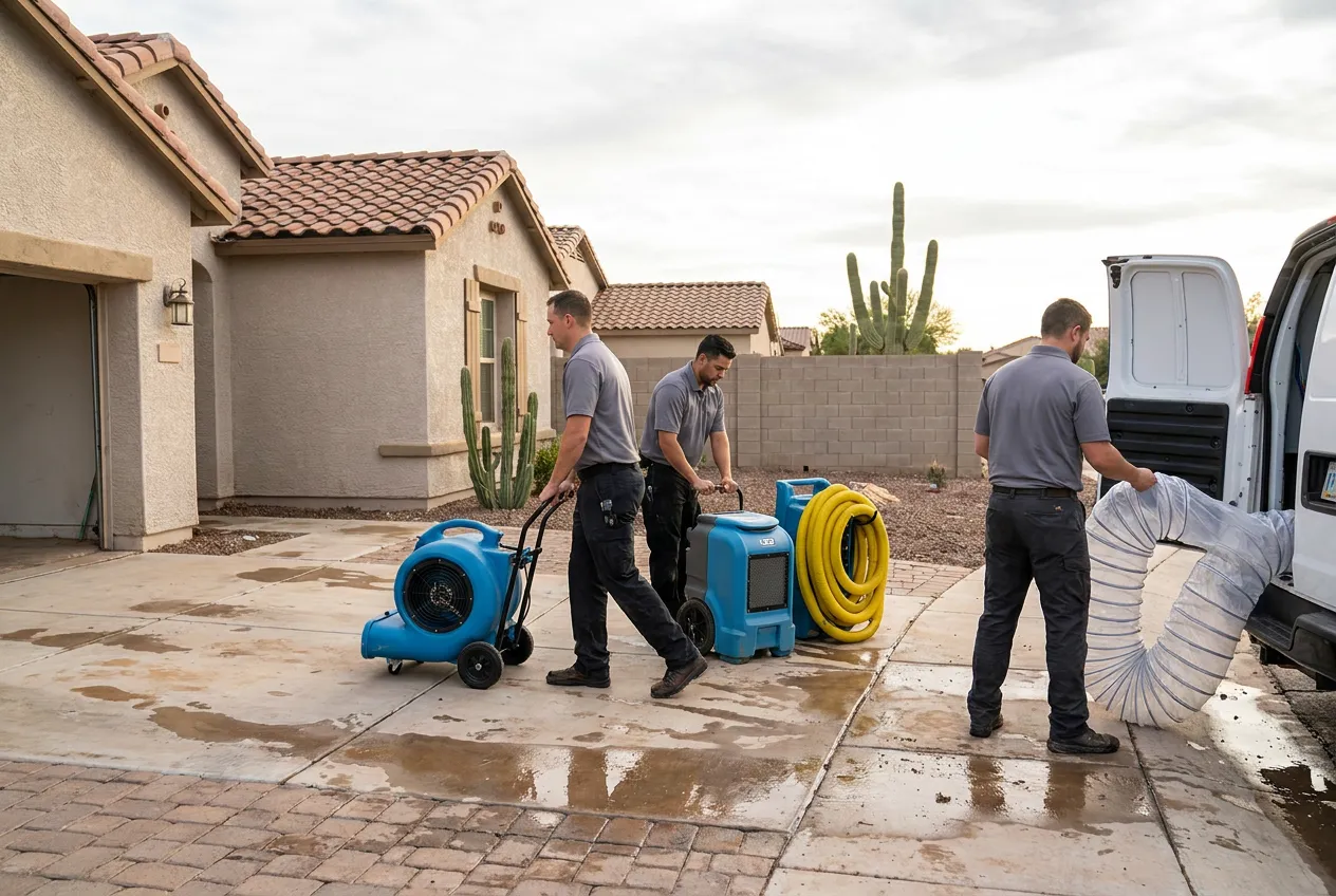 A restoration crew stages water-extraction equipment outside a flooded Surprise home after a monsoon storm.