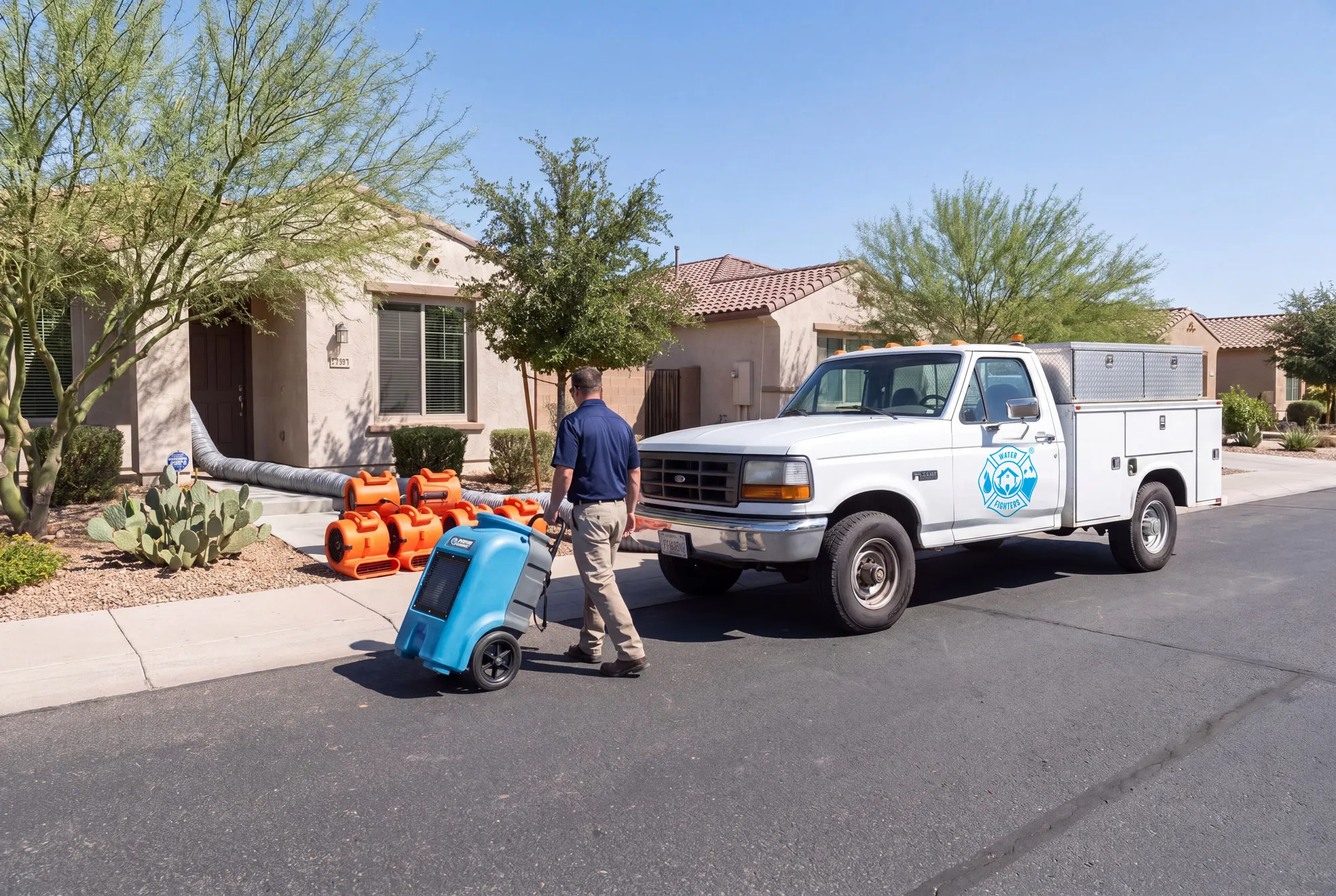 A Water Fighters truck parked on a tree-lined street in a Surprise, Arizona master-planned community as a technician wheels a dehumidifier toward a home.
