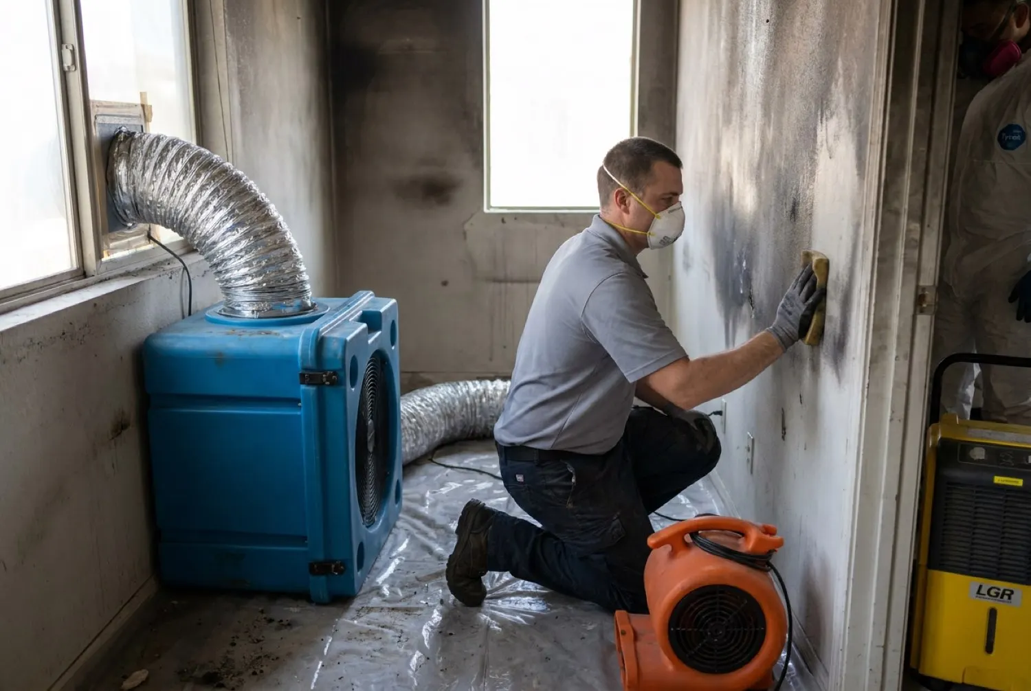Smoke-damaged room mid-restoration